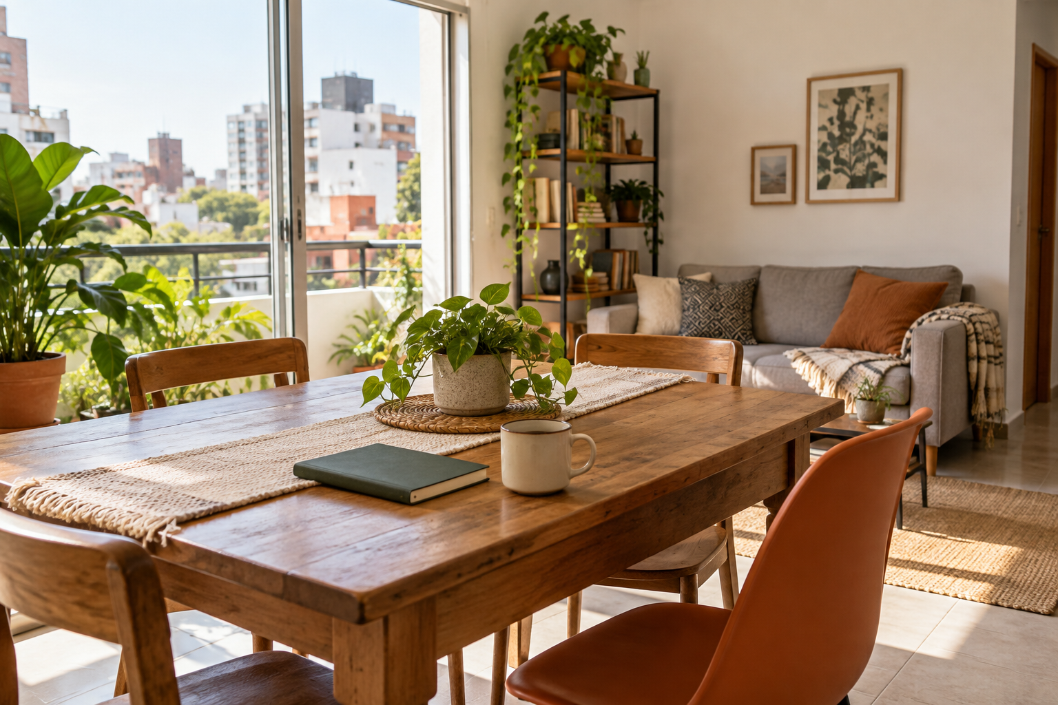 Interior de un departamento mexicano con mesa de madera, plantas y ventana a la ciudad