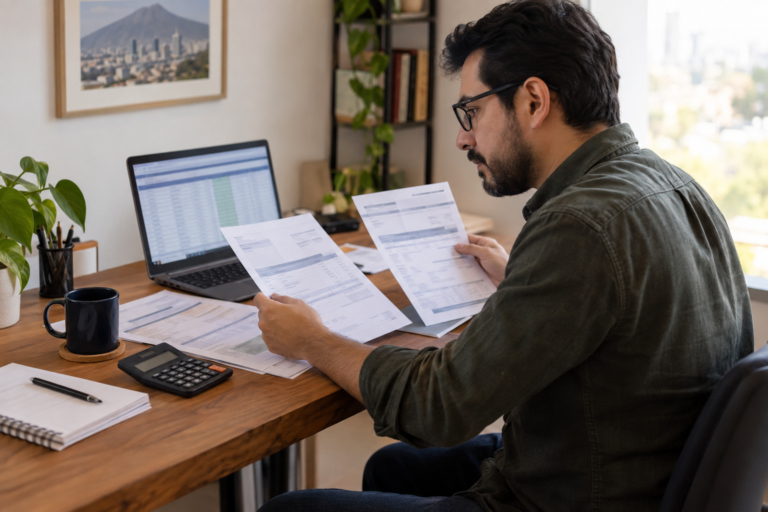 persona revisando nómina y documentos fiscales en una laptop; alt: “Persona revisa sus recibos de nómina y documentos para preparar la declaración anual ante el SAT”.